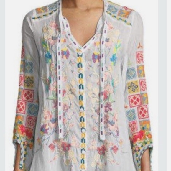 Johnny Was Tops - Johnny Was Nikolita Embroidered Blouse BOHO White Top, XS